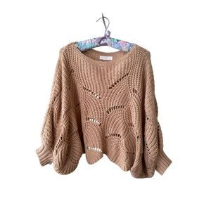 Anthropologie Elodie Cropped Scalloped Hem Open Knit Bat Wing Pullover Sweater